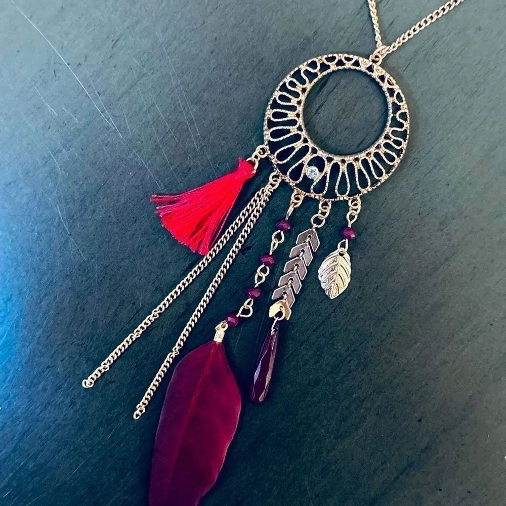 Boho Maroon Red Feather Long Accent Necklace
